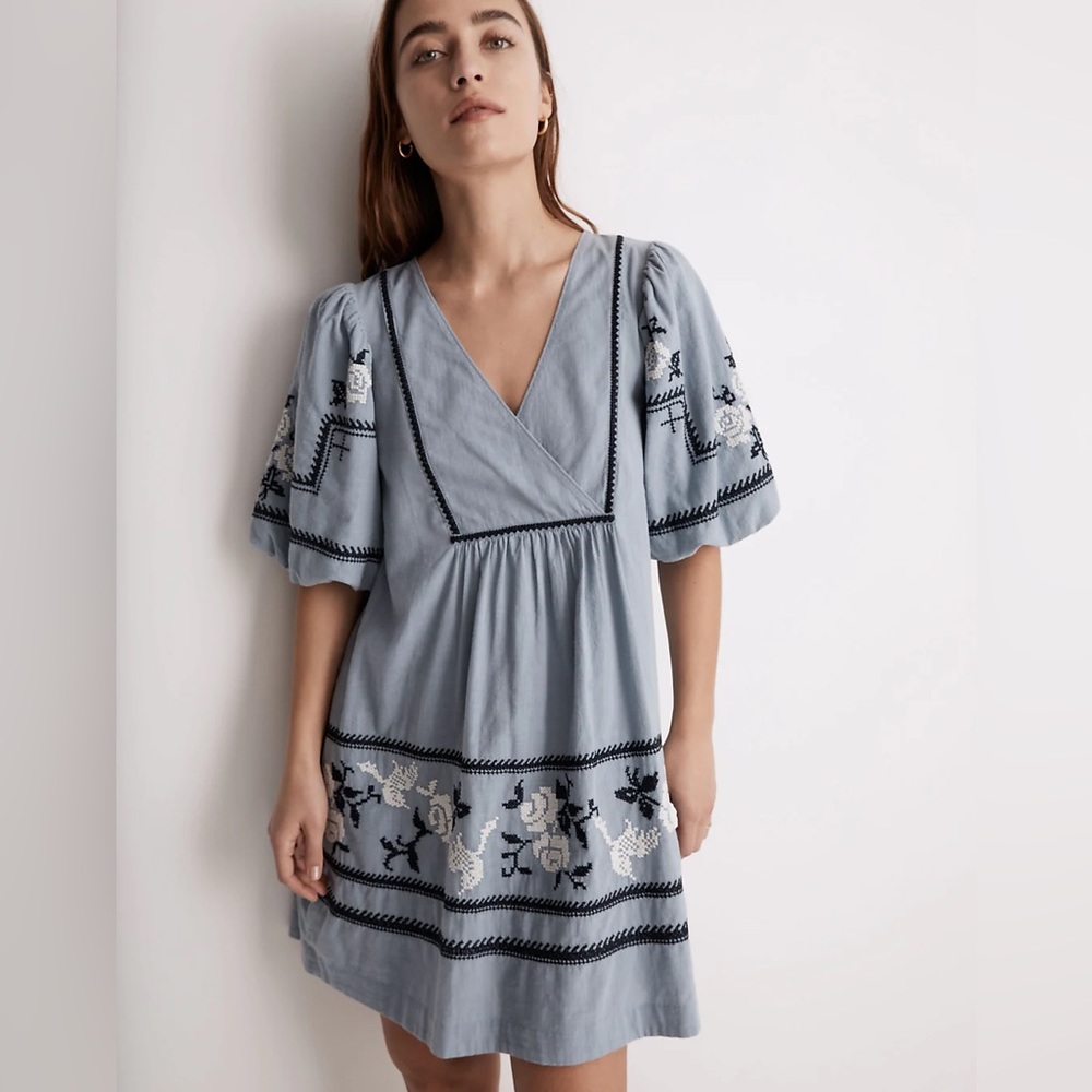 Madewell Dress Blue Embroidered Mini Puff Sleeve Cotton Flowy Tunic SZ 0